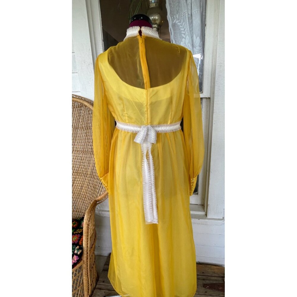 Vintage 1970s Mustard Yellow Sheer Nylon Maxi Dress Size M - Picture 2 of 16